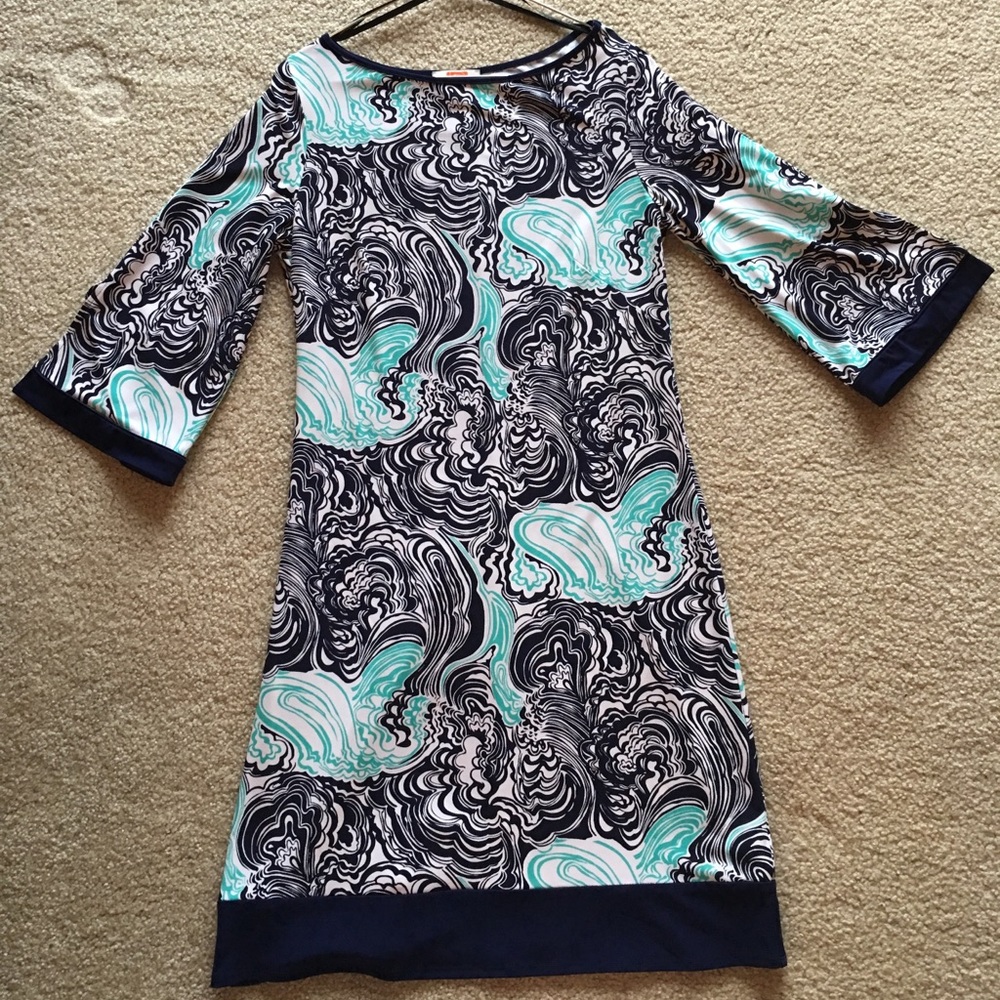 Navy, Teal & White Wavy Patterned Dress